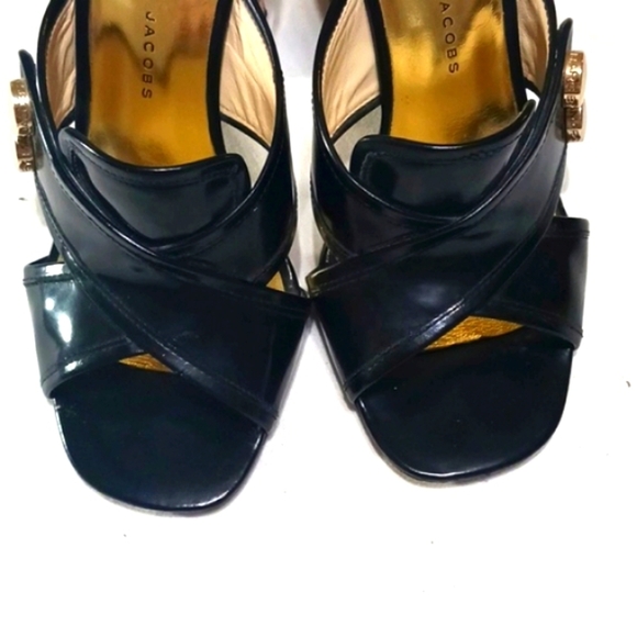 Marc By Marc Jacobs Gold and Black Block Heels Open Toe Mules Size 6 - Picture 5 of 9